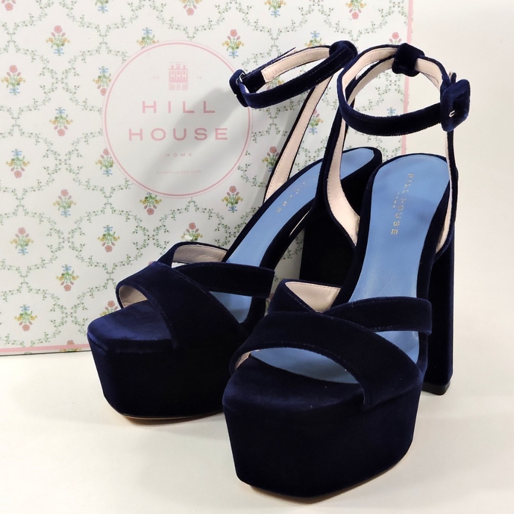 HILL HOUSE 🇮🇹 WOMEN'S BLUE VELVET FASHION HEELED SANDALS - Picture 8 of 9